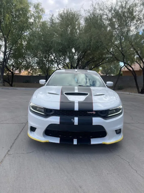 White Dodge Charger with twin black racing stripes down the hood, parked under palo verde trees